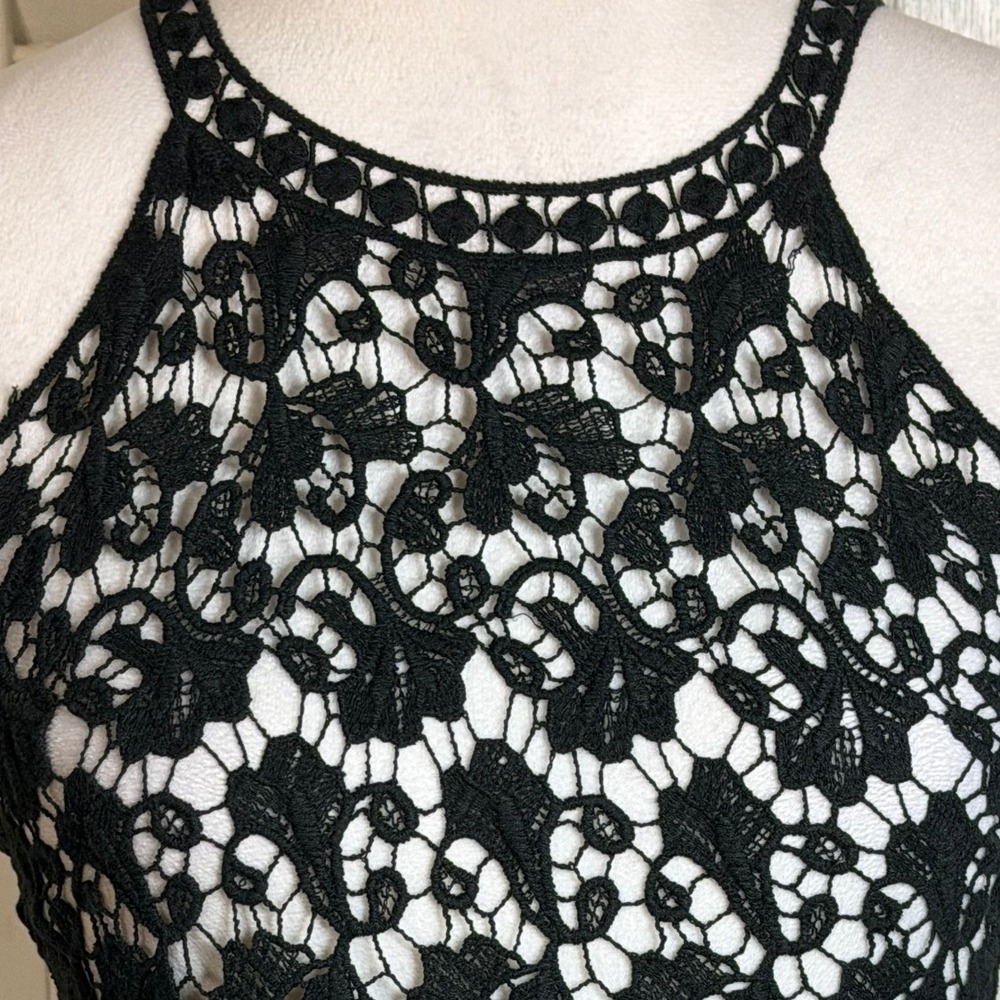 Black Crochet Lace Boho Halter Top Womens S Festival Goth Sheer Guipure Floral - Picture 8 of 11